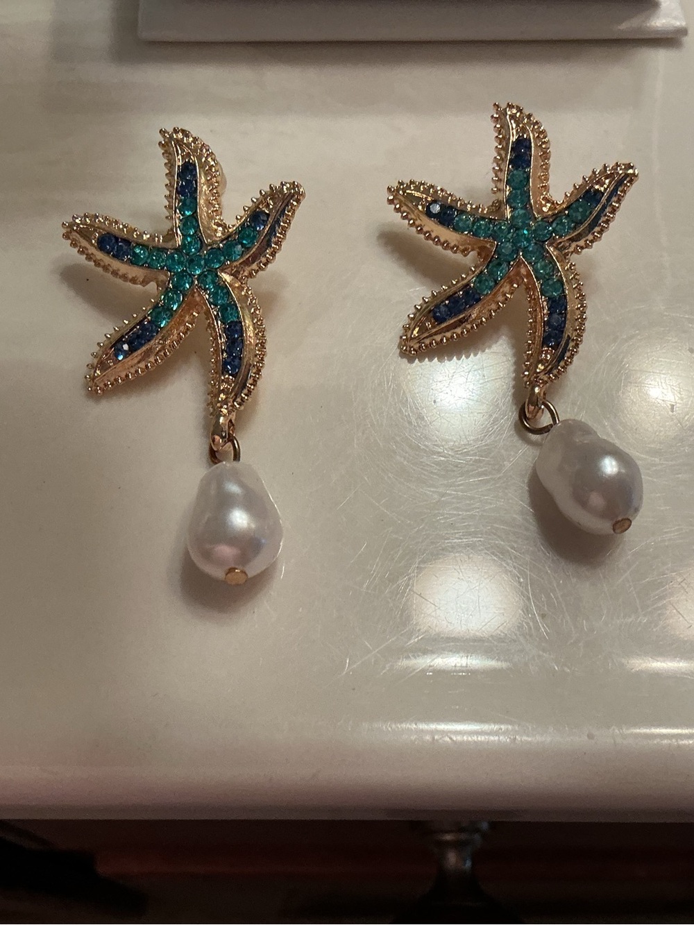Gold Starfish Drop Earrings with Turquoise & Blue Crystals